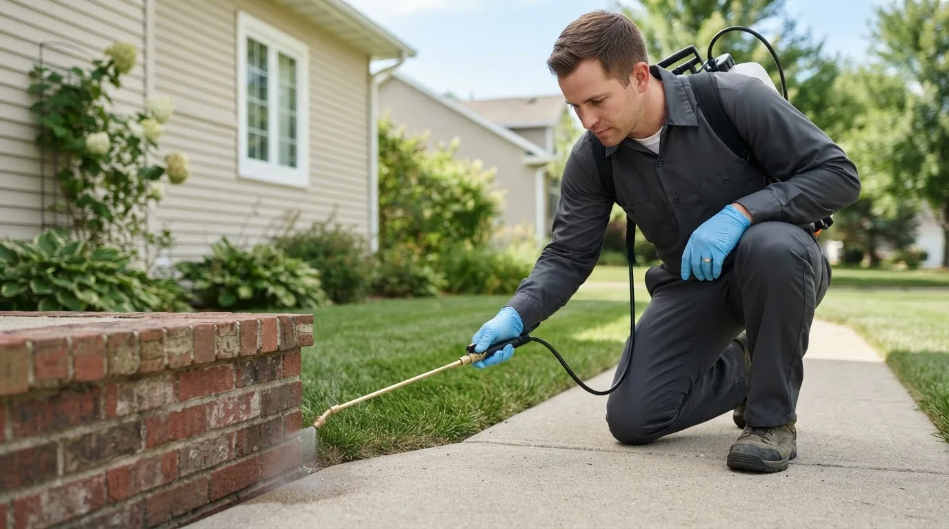 Pest control technician treating a home near Huntington Station, NY