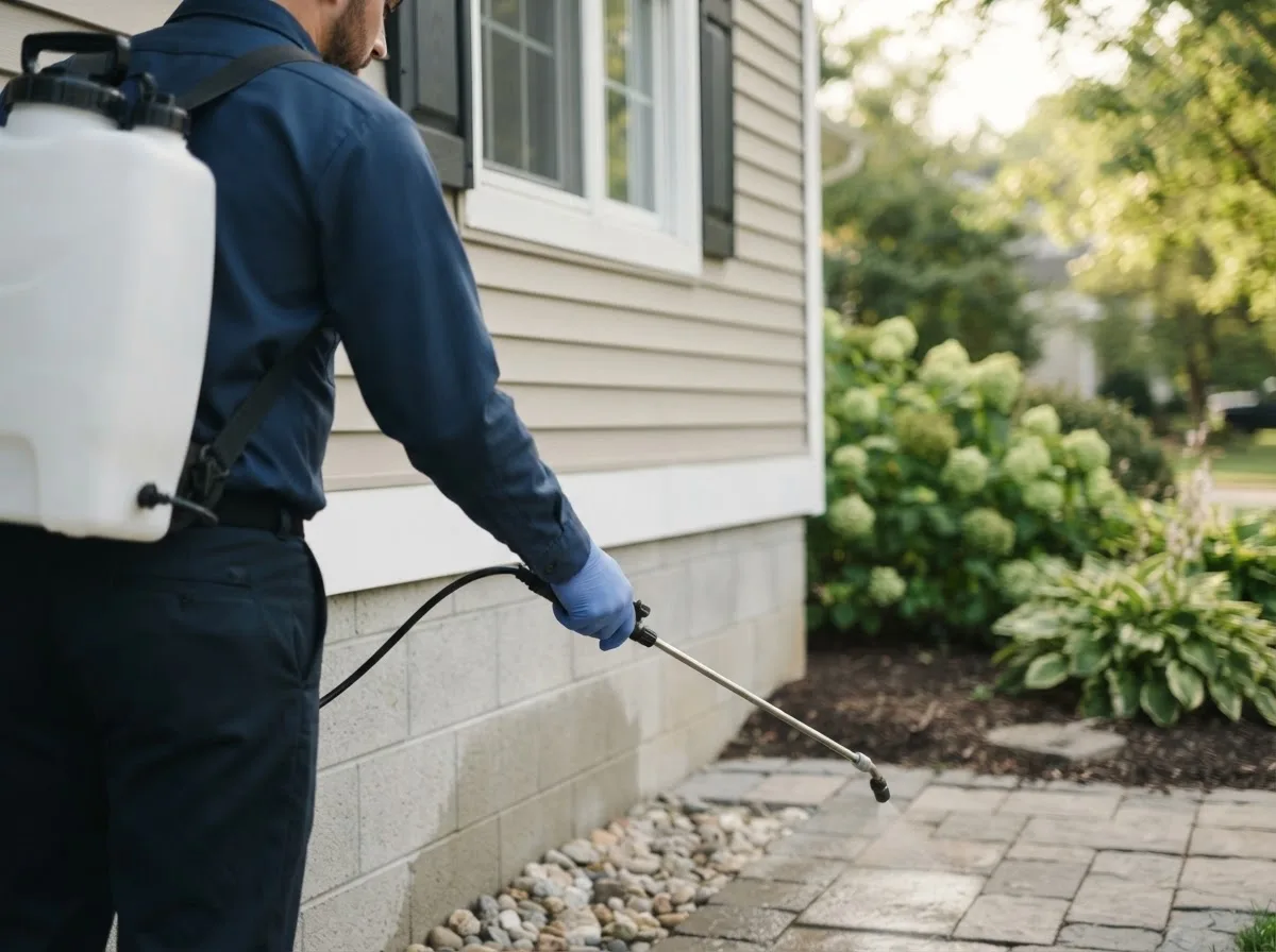 Pest control technician inspecting a home in Huntington Station, NY